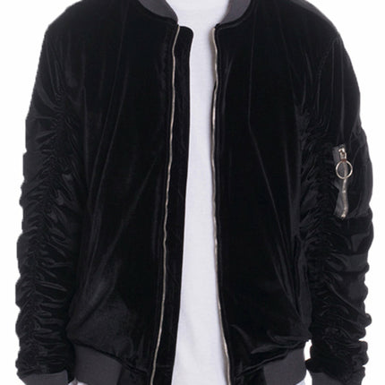 Velour Cinch Sleeve Bomber Jacket