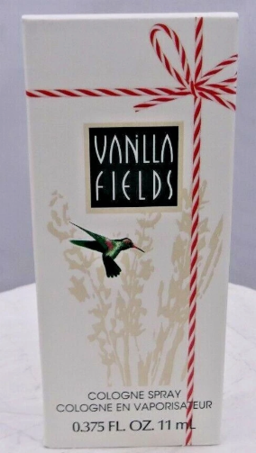 Vanilla Fields cologne spray packaging with a red and white striped bow