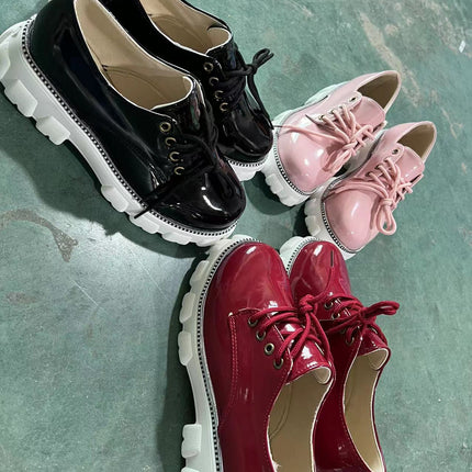 Thick Heel Increased Flat Platform Oxford Women Shoes Black/Red/Pink