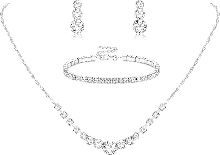 Silver Jewelry Set for Women Rhinestone Crystal Necklace Drop Earrings