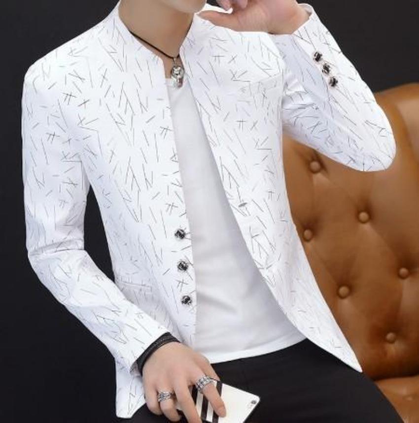 Mens Slim Round Stand Collar Pattern Blazer - Store - Shopping - Center