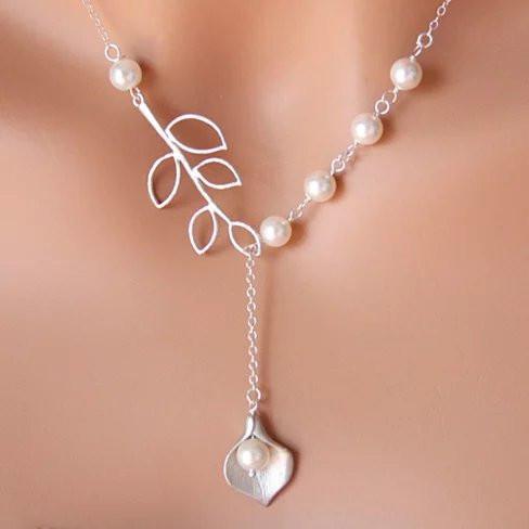 Pearly Lily Lariat Necklace in Sterling Silver and Real Pearl - Store - Shopping - Center